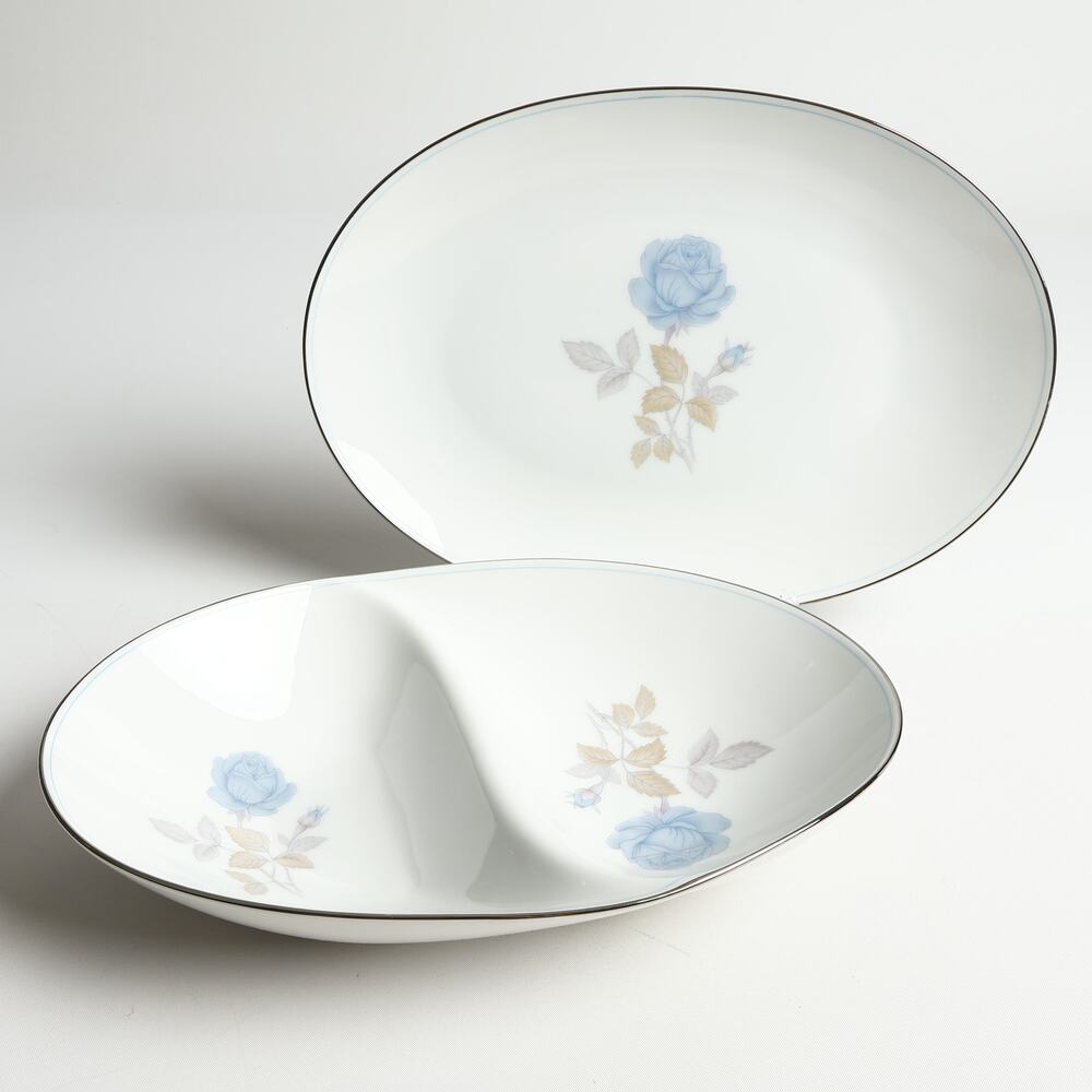 2x Sango Japan Alice Blue Fine China 12" Serving Platter & 11" Split Bowl Floral